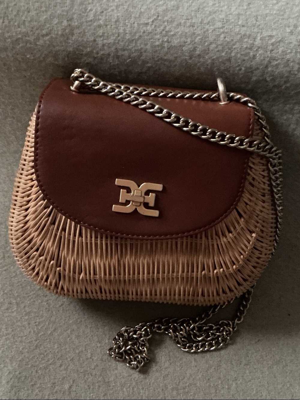 Sam Edelman Brown Leather & Natural Woven Crossbody with Chain Strap